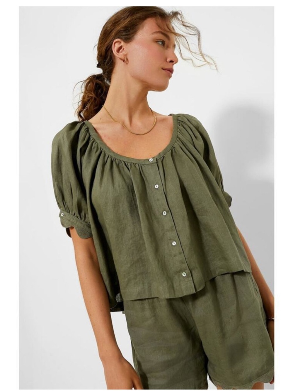 Tuckernuck Olive Green Button-Front Puff Sleeve Top